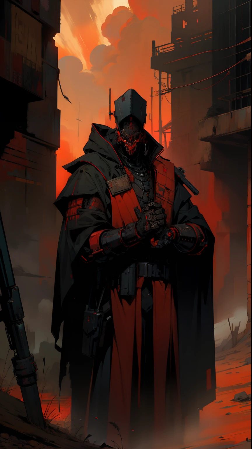 derpd, lethal cyborg assassin wearing robes armor, danger, red sky,post apocalypse