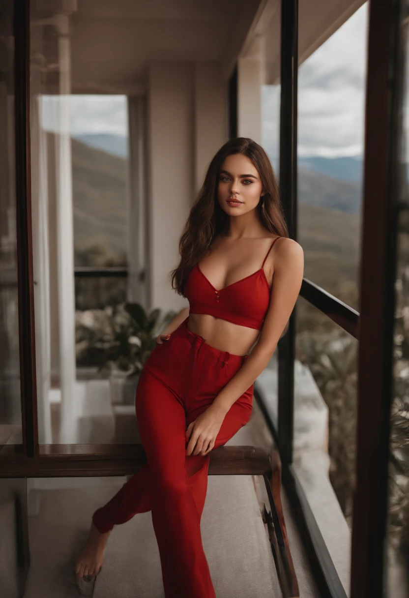 arafed woman with red clothes, sexy girl with brown eyes, portrait sophie mudd, brown hair and large eyes, selfie of a young woman, bedroom eyes, violet myers, without makeup, natural makeup, looking directly at the camera, face with artgram, subtle makeup, stunning full body shot, on a balcony having mountains behind her, cleavage