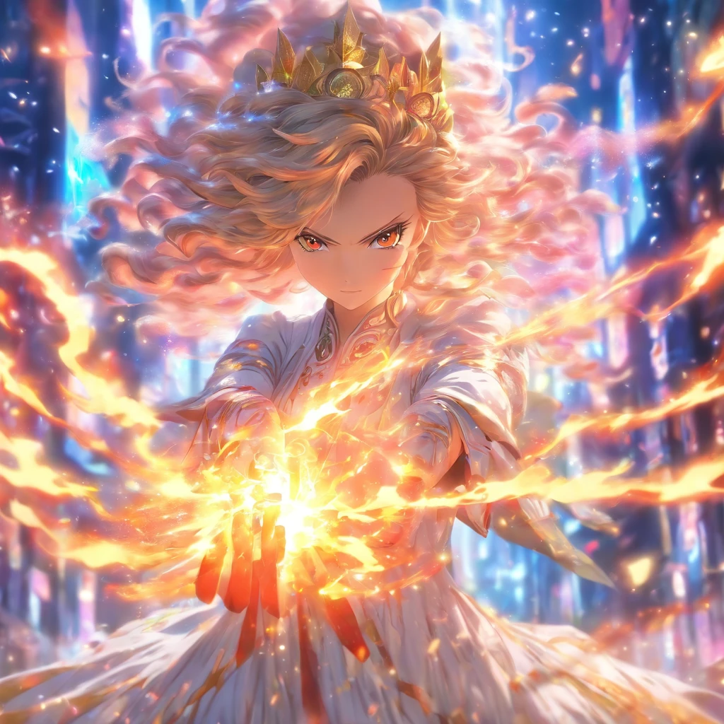 deusa magica com vestido branco e deourado, cabelos ruivos com fogo, cabelo cacheado, fogo ao redor  indo para esquerda e para direita, super realista,