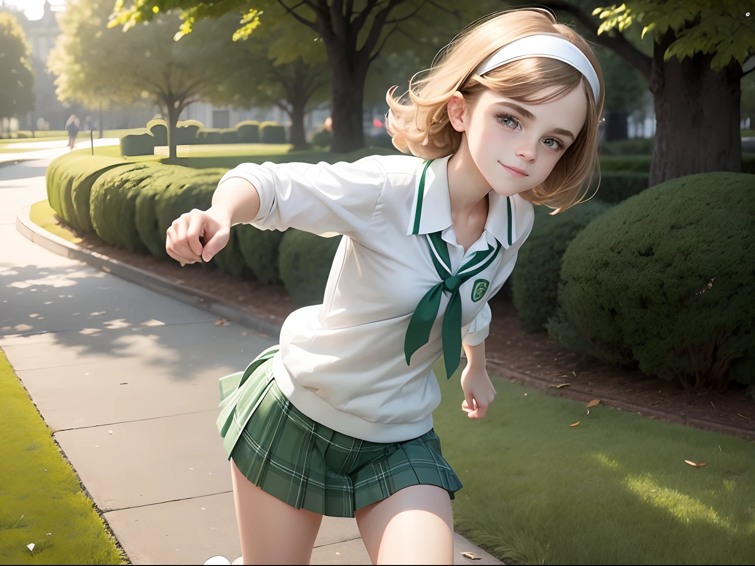 tween Emma Watson in a wearing a high school uniform, shaggy hair, cute smile, white plimsoles. slender body. day. small chest, small boobs, jogging in the park. White headband, dark green plaid skirt, white blouse, green school tie