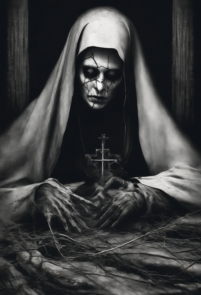 create this black and white image of the nun Ines lying on the ground with her heart exposed at the foot of the cross