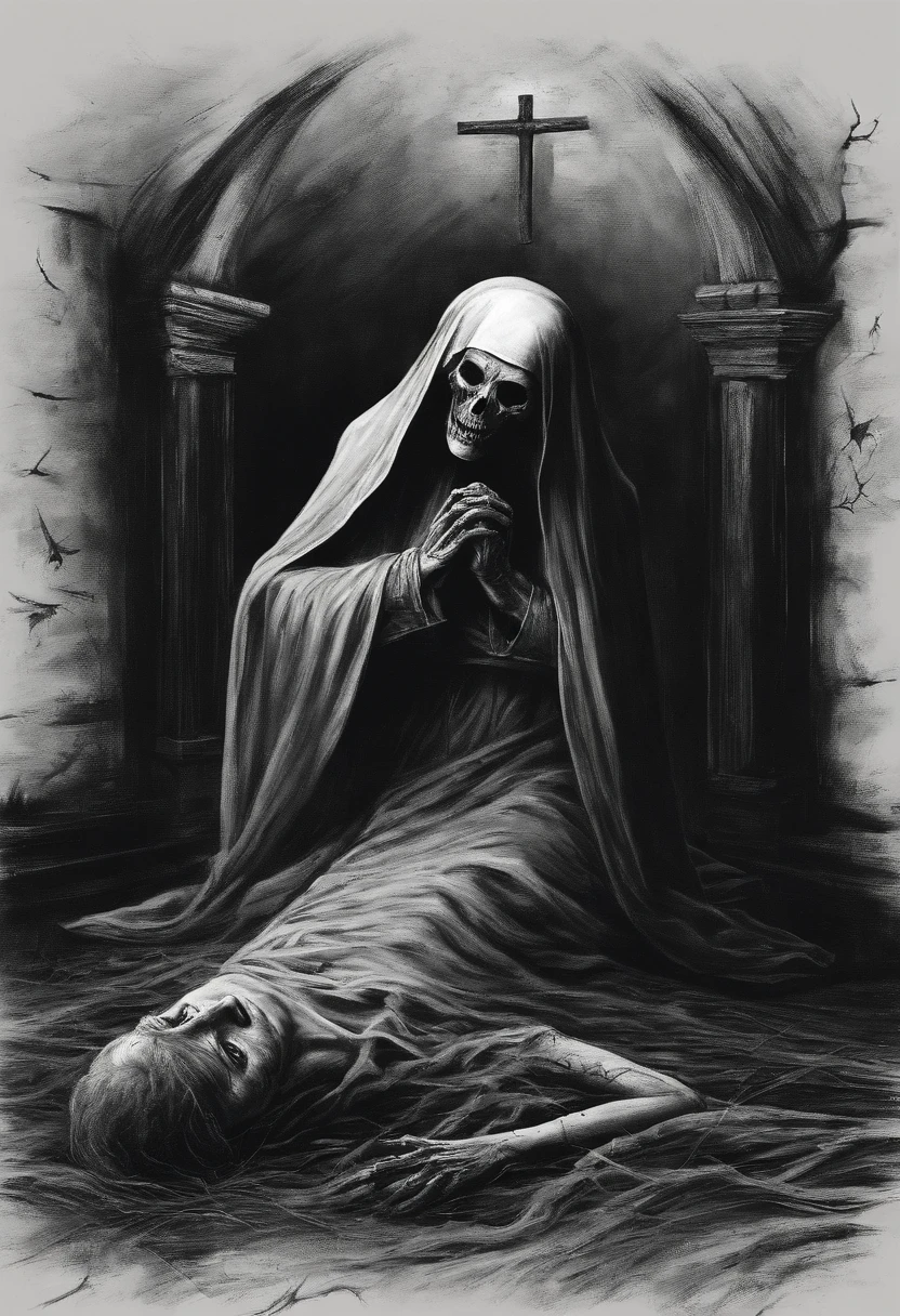 create this black and white image of the nun Ines lying on the ground with her heart exposed at the foot of the cross