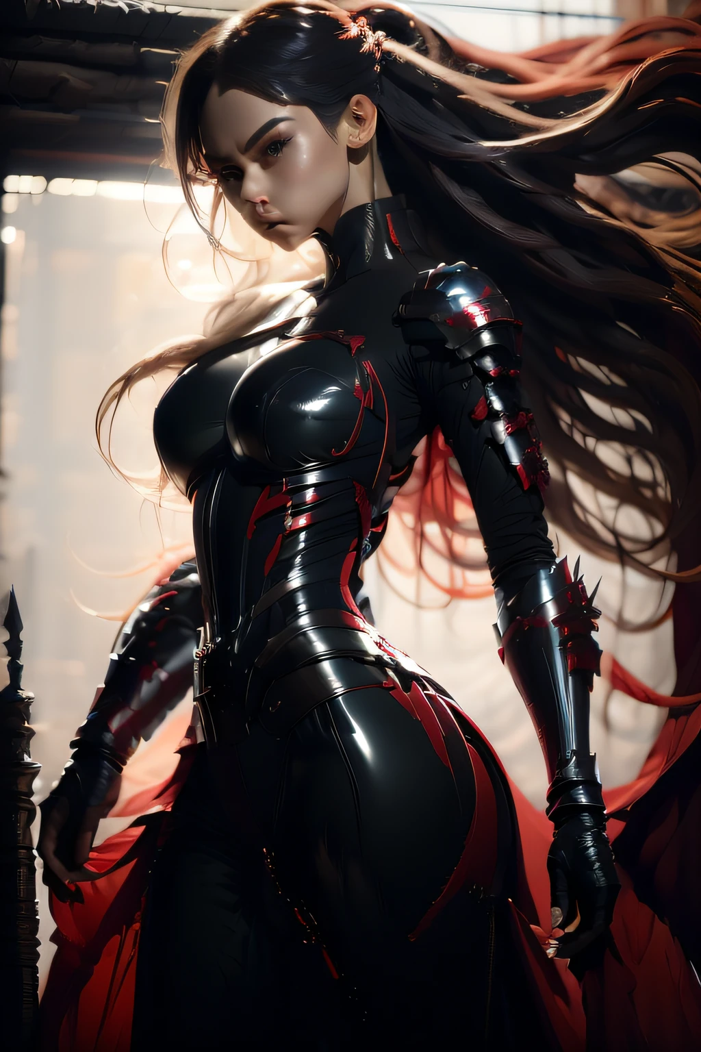 female bounty hunter with two Kitana swords on back in full red and black advanced futuristic strapped bodysuit; black, long, and wavy hair; elegant; strapped tight fitting red bodysuit with black straps; multiple knives and many kunai; matching high heel boots; fire red and deep black accent color