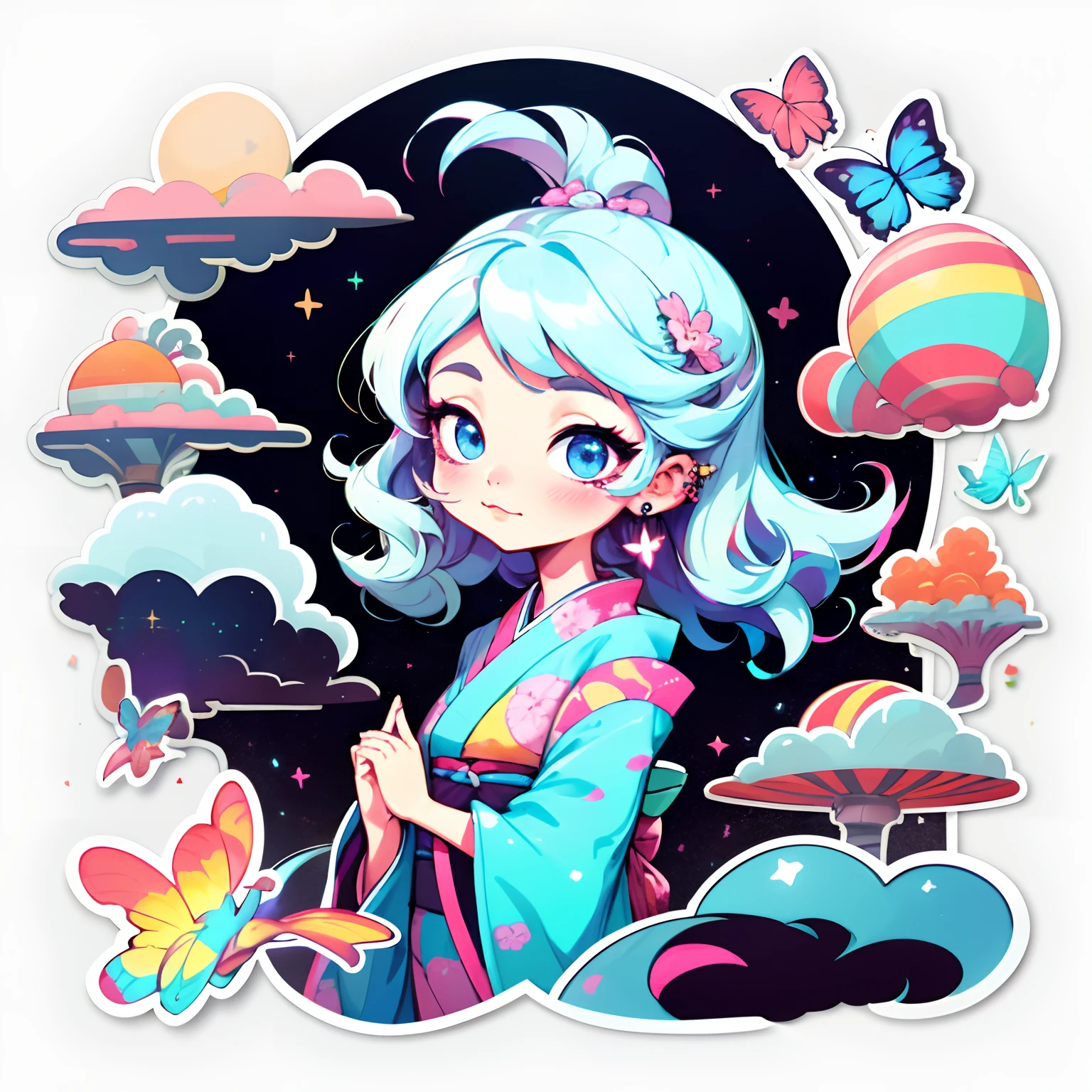 1 sticker, sticker, nikkaze, (cute girl), (gorgeous kimono), (gorgeous hair accessory), (Japanese traditional hairstyle), cherry blossoms, mountains, clouds, behind is a huge round moon, stars, white background, no background, simple background, minimal, cute, tiny, pastel color, vector style, no gradient, platinum white hair with blue streaks, glittery skin, piercings on lip and nose, seven color aura, milky way aura, Masterpiece, best quality, super high resolution, fluorescent color, full body high detail illustration drawing highest quality lovely colors that pop and dim lights smokey haze long hair strangs floating airy fluffy hair
1 girl, looking at the audience, beautiful face, beautiful eyes, (off-the-shoulder: 1.2), head up, upper body, forest, shiny hair, shiny skin, glowing cut, chibi, finger scale coordination, black starlight dress, particles, glowing butterflies, stars and sparkles