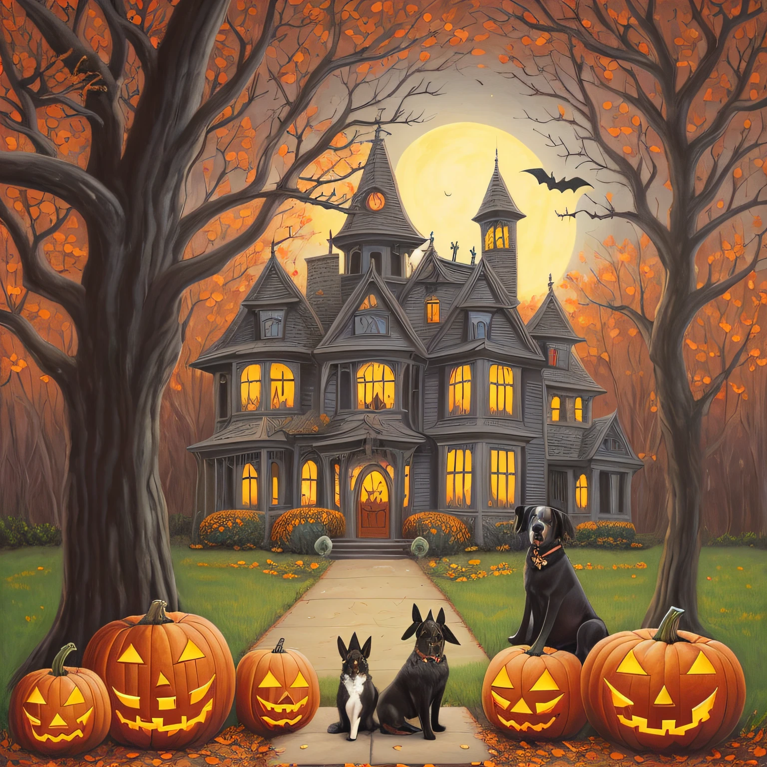 there is a painting of a dog and a dog sitting in front of a house, halloween scene, by Rob Alexander, spooky mansion, by Laura Wheeler Waring, halloween atmosphere, spooky halloween night, by David G. Sorensen, full color illustration, by Wayne England, by Penry Williams, lisa parker, by Lennie Lee, by David B. Mattingly
