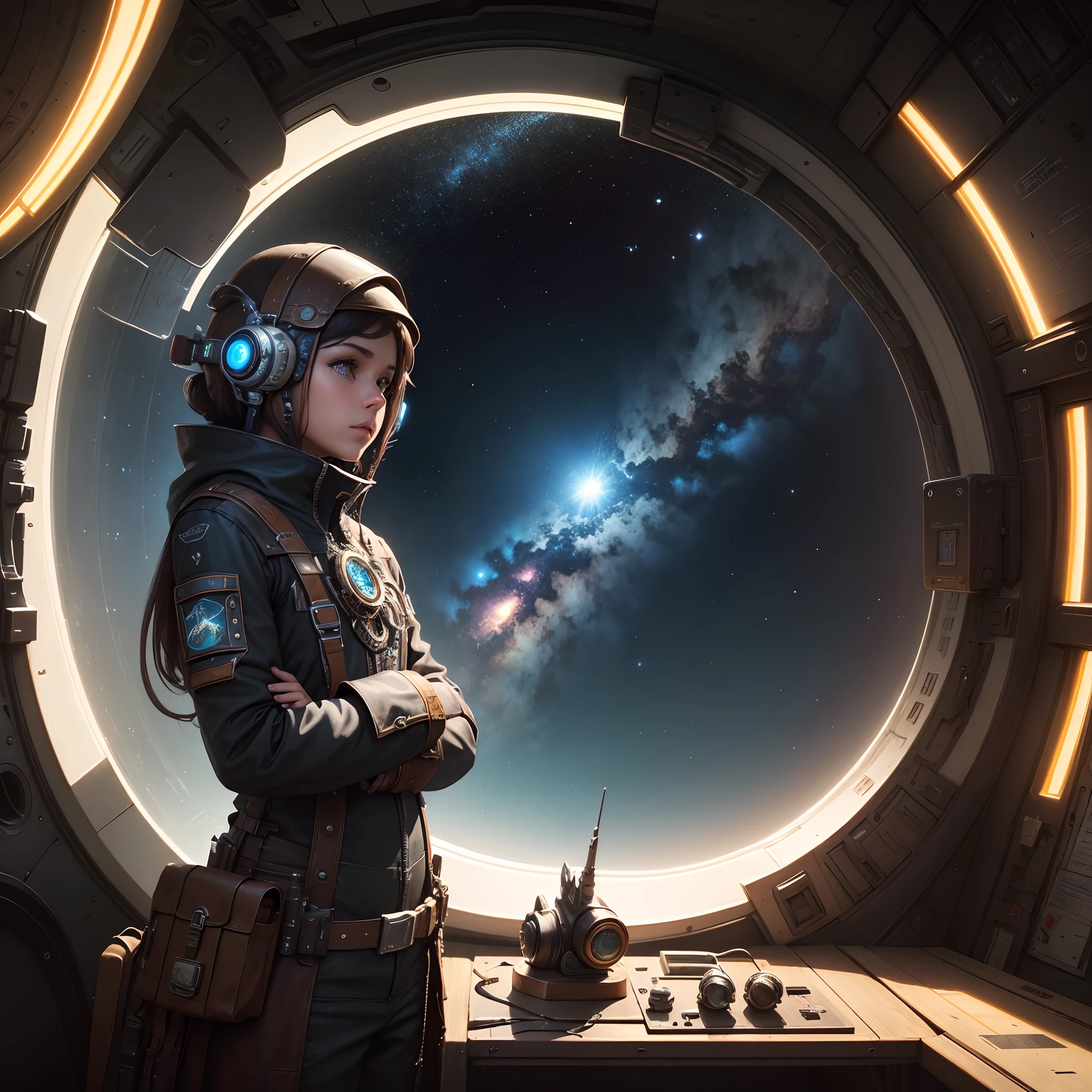 An explorer in an ancient spaceship, Looking at a mysterious wormhole in space, rodeado por controles desgastados e luzes piscantes, the palpable tension in the environment, Pintura digital, uso de texturas de estilo steampunk, -- ar 16:9 --v 5