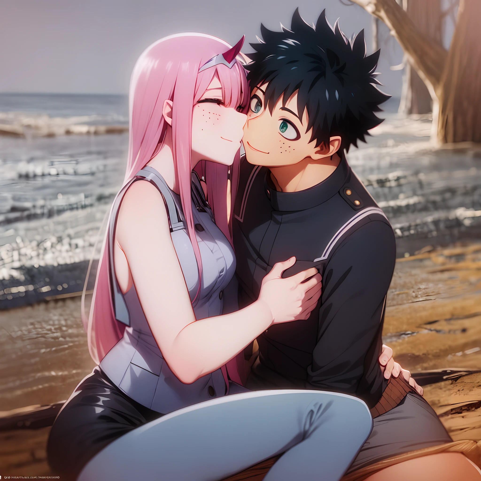 zero two, 1girl, zero two naked_shirt,vest_print:, izuku from bnha, izuku and zero two being a lovey dovey couple very affective in a beach, izuku with pants and pullover, love , happy, ,1girl,, ,sitting, standing, french kiss, kissing, 1boy, couple, husband and wife, happy, hug, pregnan zero two