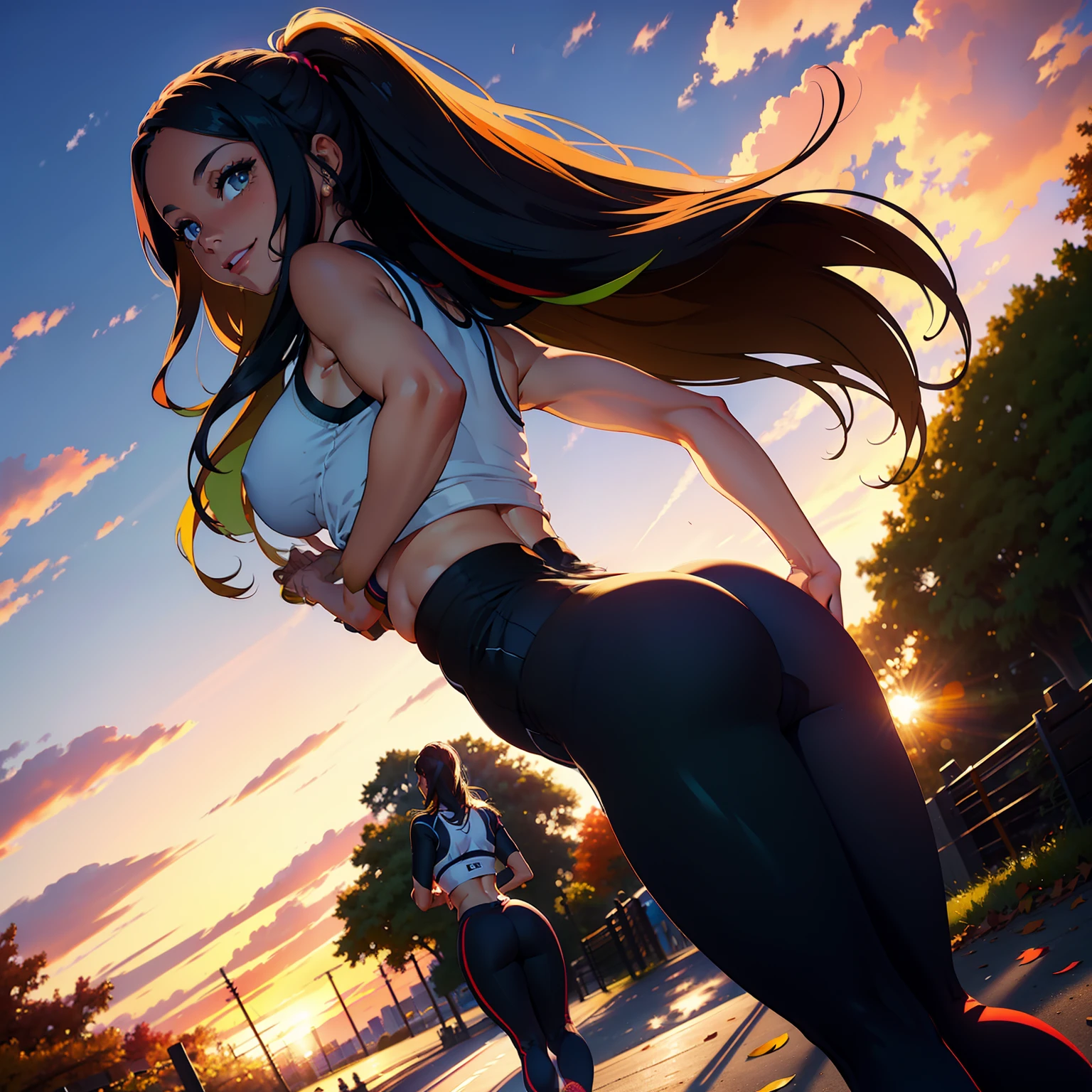 Gorgeous woman in athletic clothes like tight leggings and a crop top, long flowing hair, shapely figure like a runner, in a beautiful park in autumn, bright natural smile, perfect Irish face with big beautiful eyes, nice ass, sunset, colorful contrast in shadows and light, masterpiece