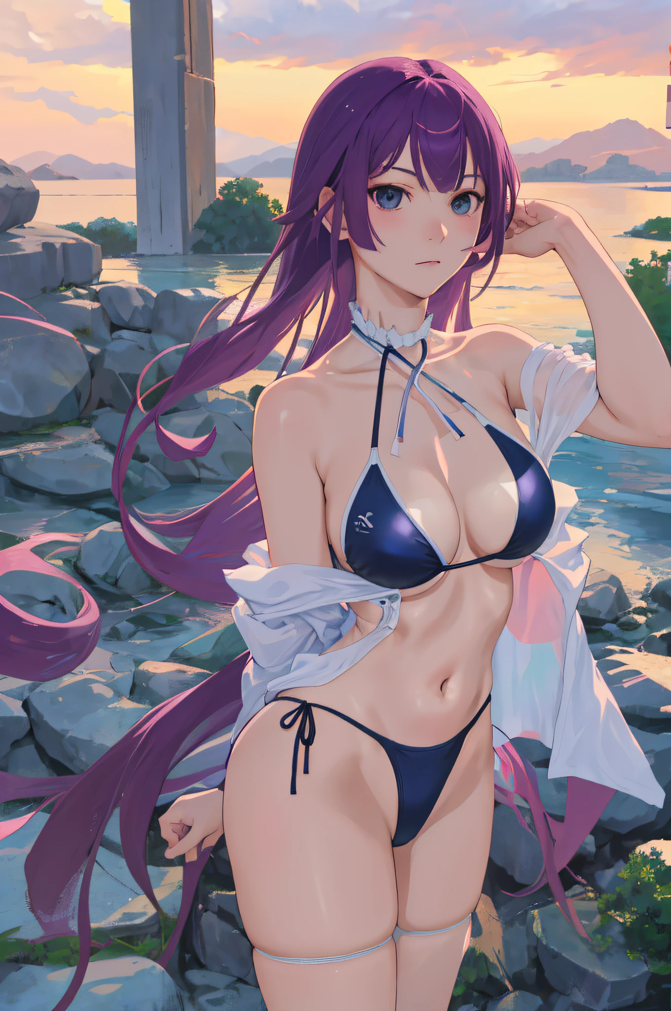 Obra maestra, La mejor calidad, Altas Resoluciones, sh1, Senjougahara Hitagi, Cabello largo, mangas largas, atar,((( high neck swimsuit))),muslos , Disparo de vaquero, Brazos cruzados,