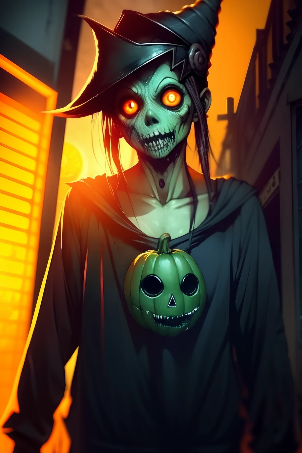 halloween , zombi、terrifying、Zombies en la esquina de la calle、Mirando al espectador, Front view,Caballero Zombie、、ojos rojos、Noche sospechosa a la luz de la luna、Obake de calabaza、Obake