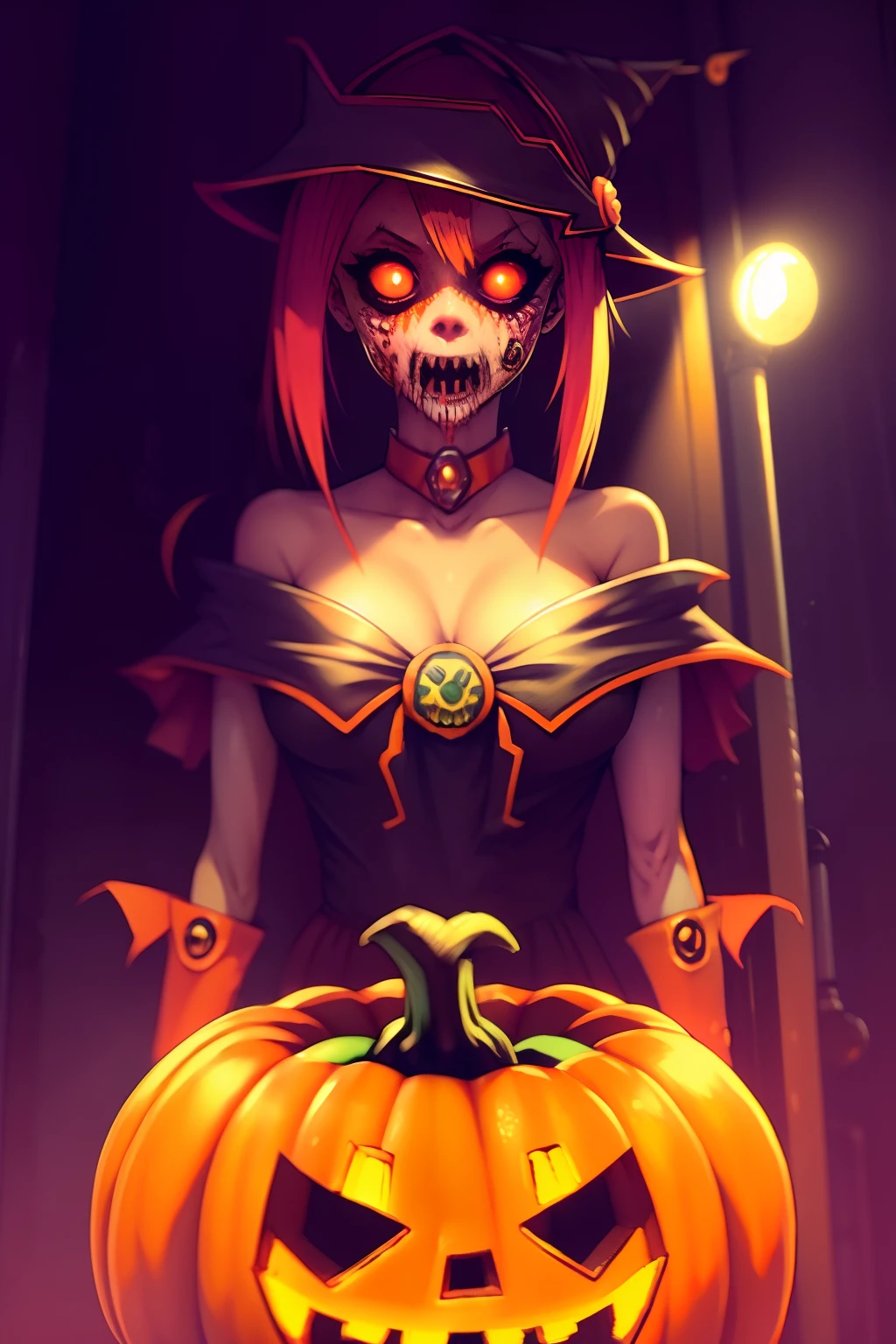 halloween , zombi、terrifying、Zombies en la esquina de la calle、Mirando al espectador, Front view,Caballero Zombie、、ojos rojos、Noche sospechosa a la luz de la luna、Obake de calabaza、Obake