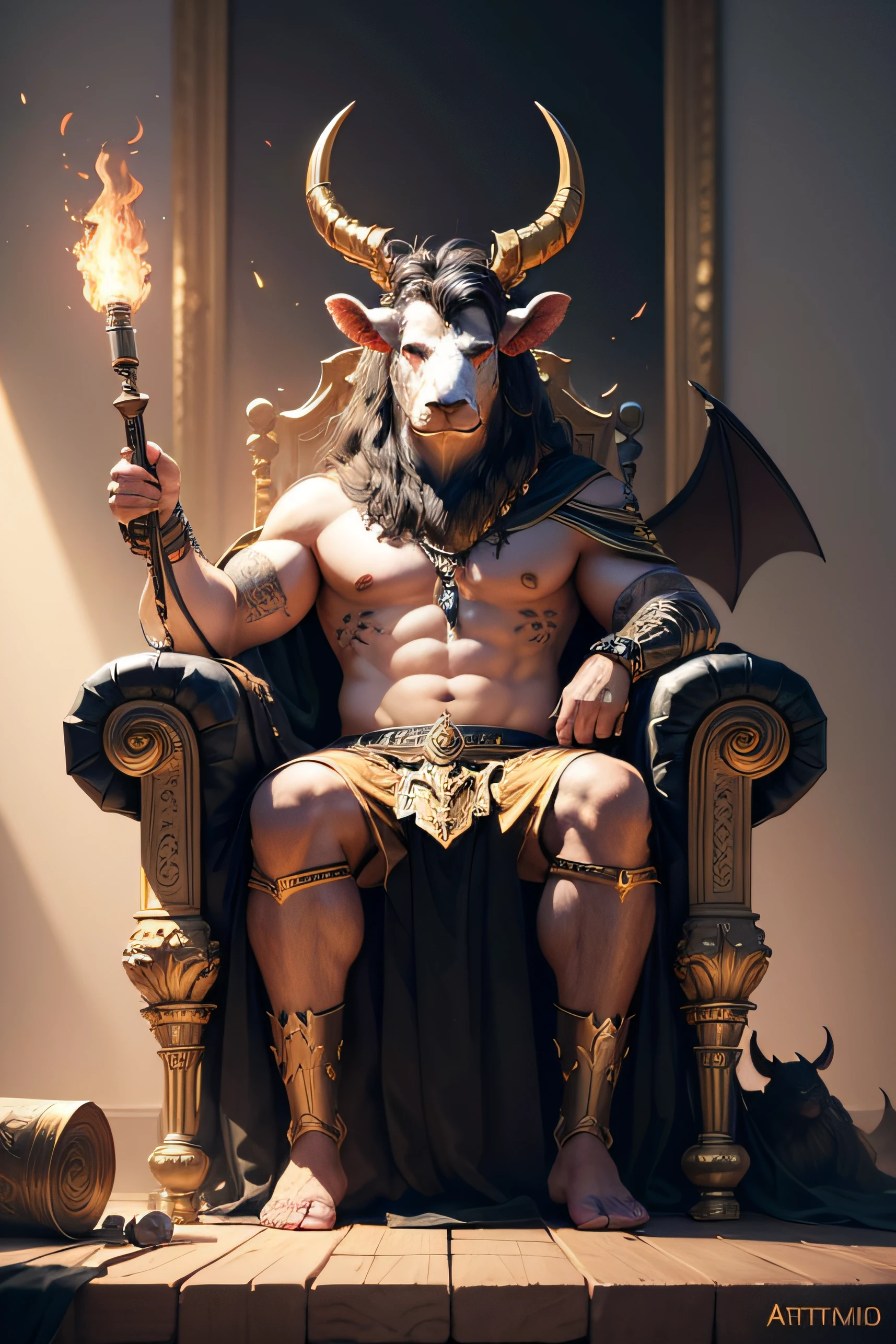 majestic bull with large horns and bat wings, sitting on a throne with chains on the floor with his right hand raised and in the other hand a fire torch full body air of royalty soft colors with bright gold and warm light in an aura of mystery illustration artstation 8k