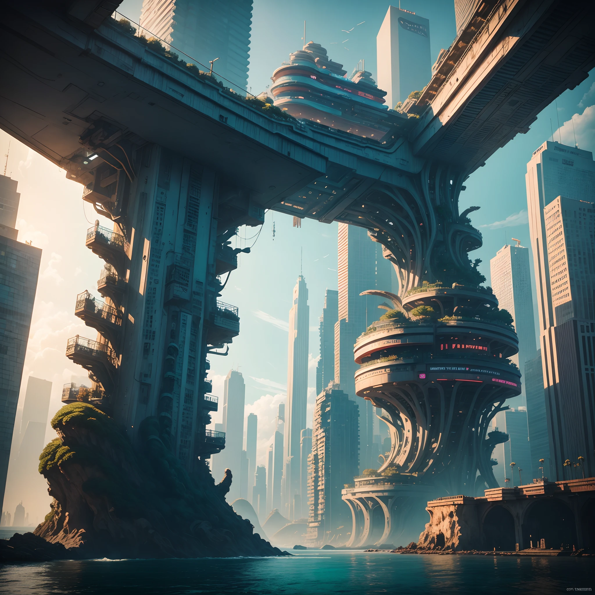 cyberpunk city next to a beach, kraken in the ocean, large tentacles, flying cars, female