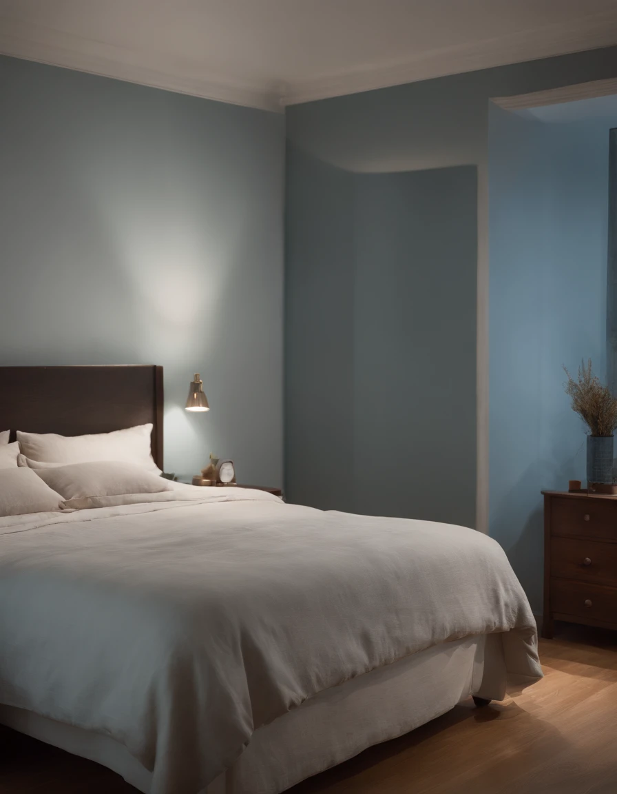 Create a hyper-realistic image of a serene, moonlit bedroom at night, with a person comfortably asleep in a cozy bed. Soft, diffused moonlight should gently illuminate the room, casting subtle shadows that create a tranquil atmosphere, inviting viewers to contemplate their own dreams.