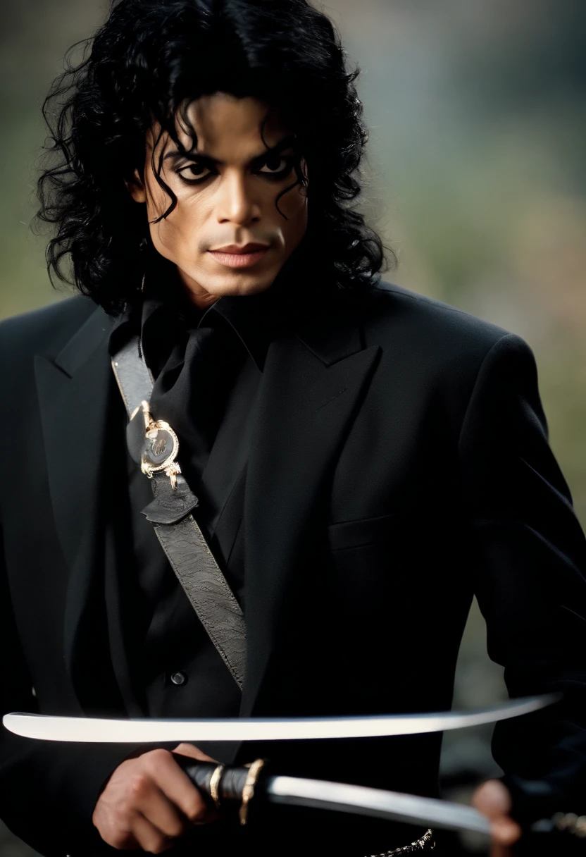 Michael Jackson holding a black katana with black suit in combat pose
