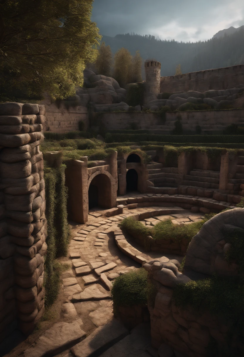 labyrinth full of walls and curves, torches, dark, thorns, realistic, ultra realistic, 8k, 4k