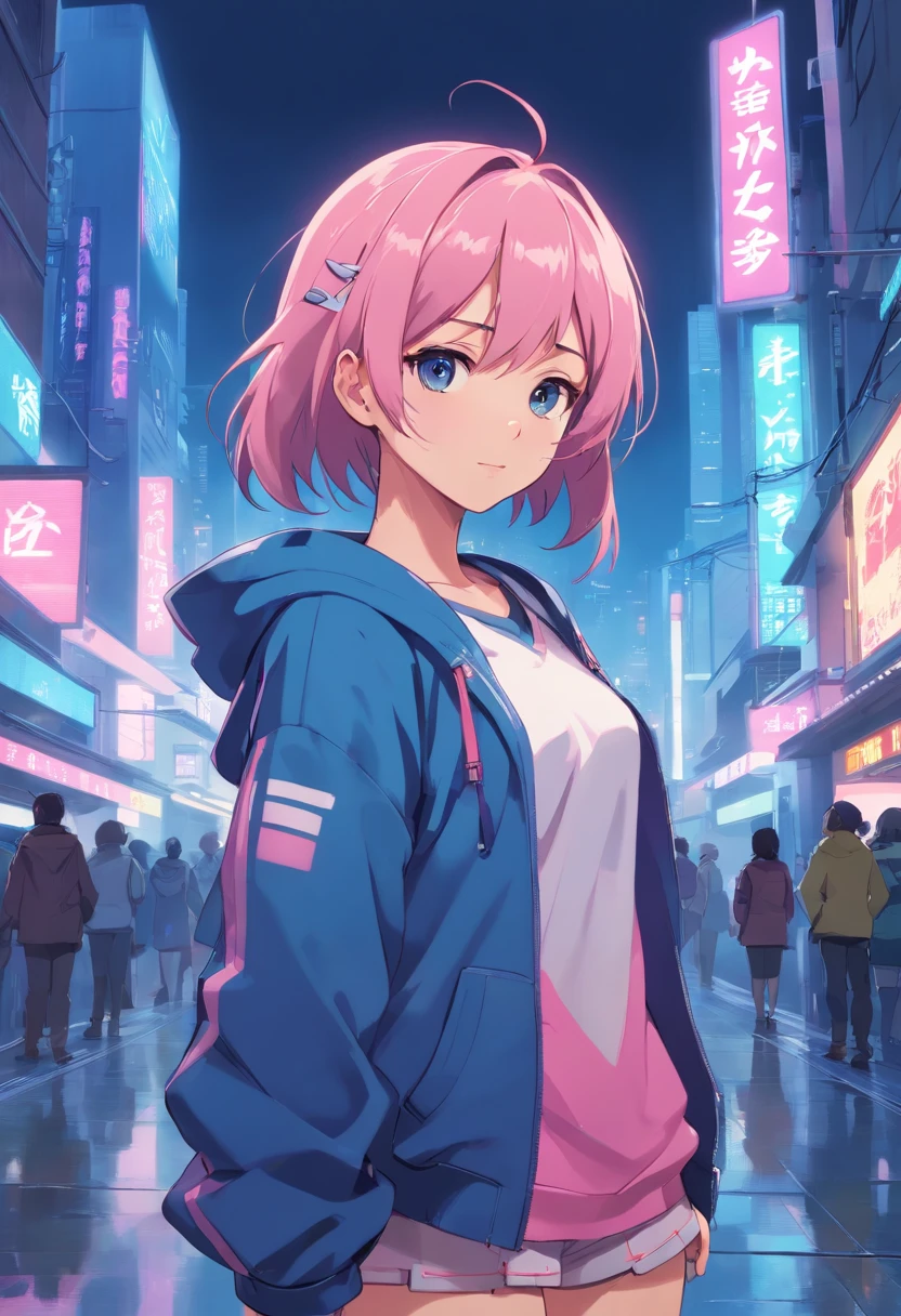 garota cyberpunk, roupa indie kid, li, anime 8k, cabelos medios, cabelos azul marinho com mechas rosas, Create an anime-style illustration of a pink girl with long hair, Use roupas minimalistas，acentuando suas curvas. Enfatize o corpo gentil, curvaceous figure. Convey your confidence and unique charm through your posture and expressions, Show a character who embraces her form with elegance and style