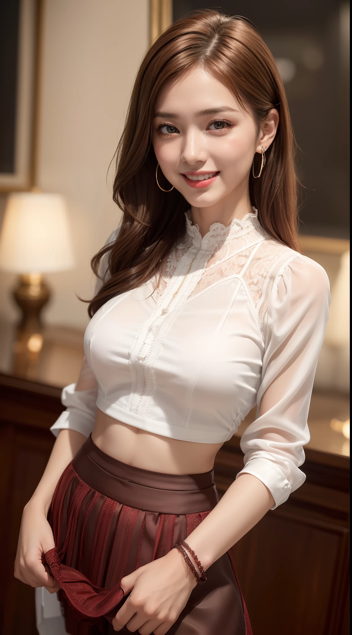 8k, masterpiece, RAW photo, best quality, photorealistic, extremely detailed CG unity 8k wallpaper, Depth of field, Cinematic Light, Lens Flare, Ray tracing, (extremely beautiful face, beautiful lips, beautiful eyes), intricate detail face, ((ultra detailed skin)) 1girl, in the dark, deep shadow, pretty Asian girl, idol, 1 girl, (very slim slender fit-muscled body:1.3), ((looking at viewer)),(big smile:1.3), (tight laced blouse), ((white color blouse)), (short sleeve) , (city night, dark night, (neon sign), (blurred background), dim lights, cityscape, rooftops, beautiful earrings, bracelets, necklace, pantyhose, clear eyes, (pale skin), (big eyes), face forward, ((upper body shot)), (silk red color skirt), (brown hairs),((laced skirt)), (looking at viewer:1.3), open breast, (very slim), medium breasts,((flooming laced)), updo hair, mini skirt, short hair, sit, high heels, laced stockings, full shot