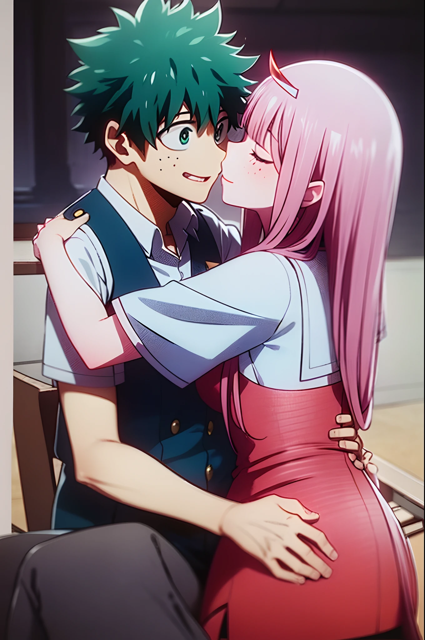 zero two, 1girl, zero two naked_shirt,vest_print:, izuku from bnha, izuku and zero two being a lovey dovey couple very affective in a beach, izuku with pants and pullover, love , happy, ,1girl,, ,sitting, standing, french kiss, kissing, 1boy, couple, husband and wife, happy, hug, pregnan zero two, chair, zero two pregnan