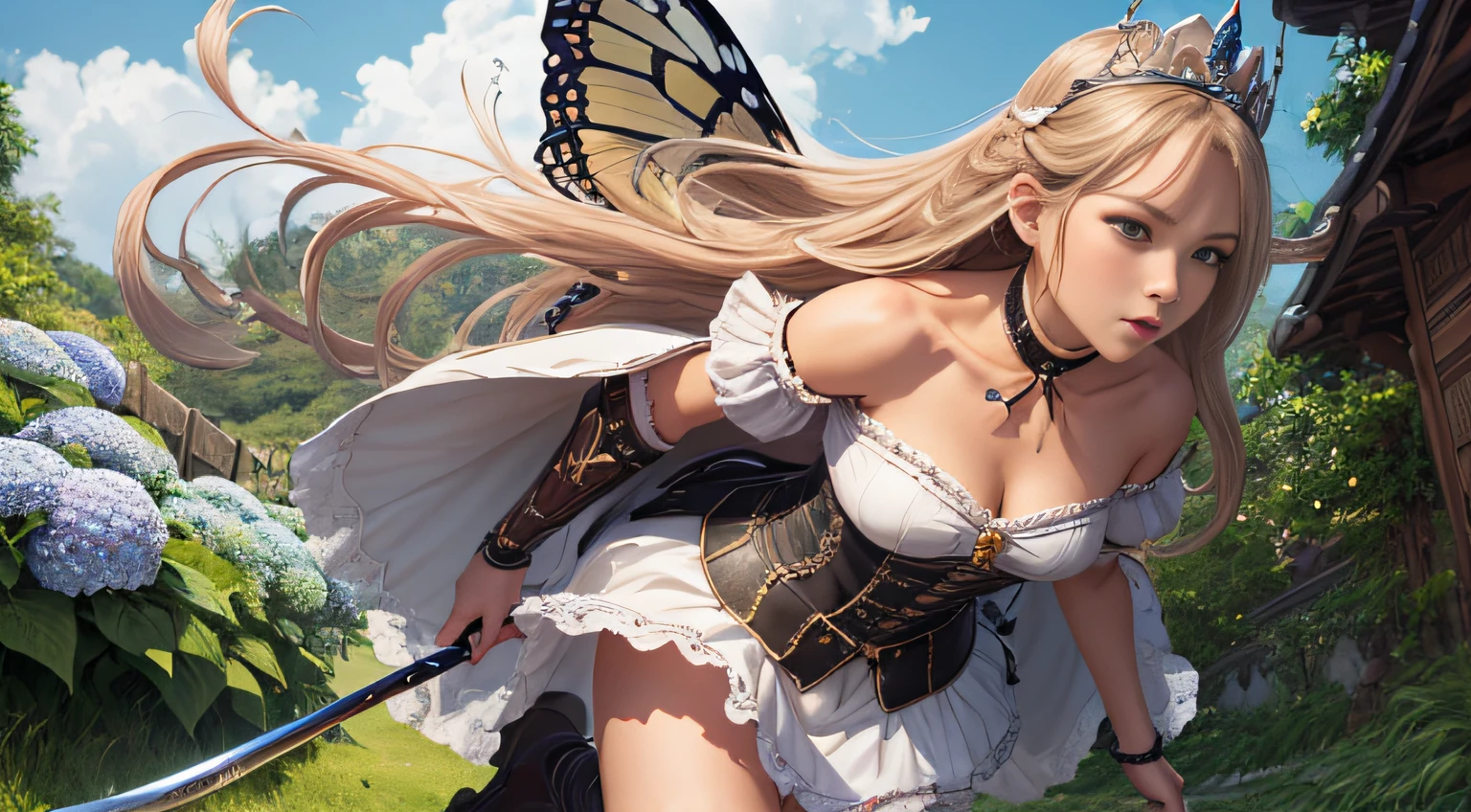 ((Extreme detailing)),(Ultra-detailed),(painting), chiaroscuro, extremely detailed CG unity 8k wallpaper, Gwendolyn, Sexy, Hip feathers, holding polearm,  Strapless Dress, crown, detached sleeves, Choker, armored boots on the hips, feather tufts of hair, facing forward, looking a viewer, whitebackground, bug, butterfly, grass, hydrangea, sheet, shroom, Nature, plant, an apple, looking at the side, Looking Up, From directly above,