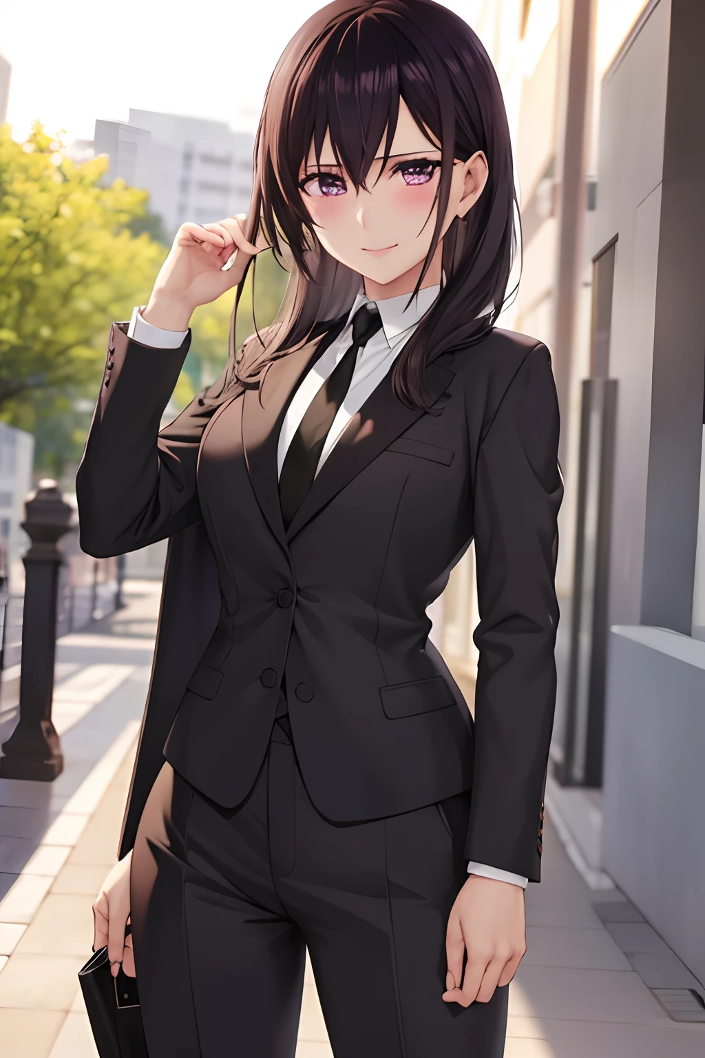 masterpiece, (best quality), 1woman,1girl ,aihara_mei,    long hair, black hair,   purple eyes , tailcoat butler, tight pants , necktie, shirt,    medium breasts,,sexy woman,  smile, blush, vibrant colors ,,natural lighting  ,RTX,  , beautiful, (detailed face:1.2), showcase, (perfect eyes:1.1) ,(photorealistic:1.1), 8k uhd,  looking at viewer,  outdoors,  simple backround