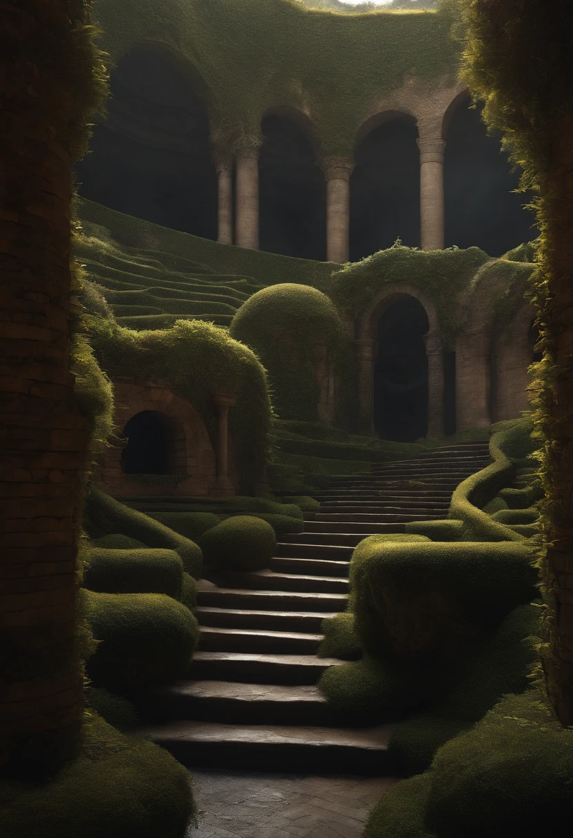 labyrinth full of walls and curves, torches, dark, thorns, realistic, ultra realistic, 8k, 4k