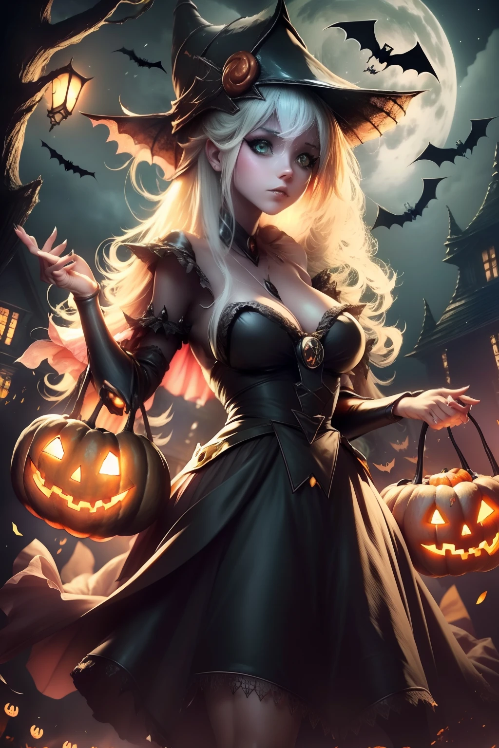 "Tema de Halloween, spooky atmosphere, Creepy lighting, Casa embrujada, Jack-o'-linternas, Disfraces espeluznantes, Bats flying, Luna llena en el cielo, Truco o trato, Figuras fantasmales, Sombras misteriosas, Cerveza de bruja, Parche de calabaza, sweet corn, gatos negros."