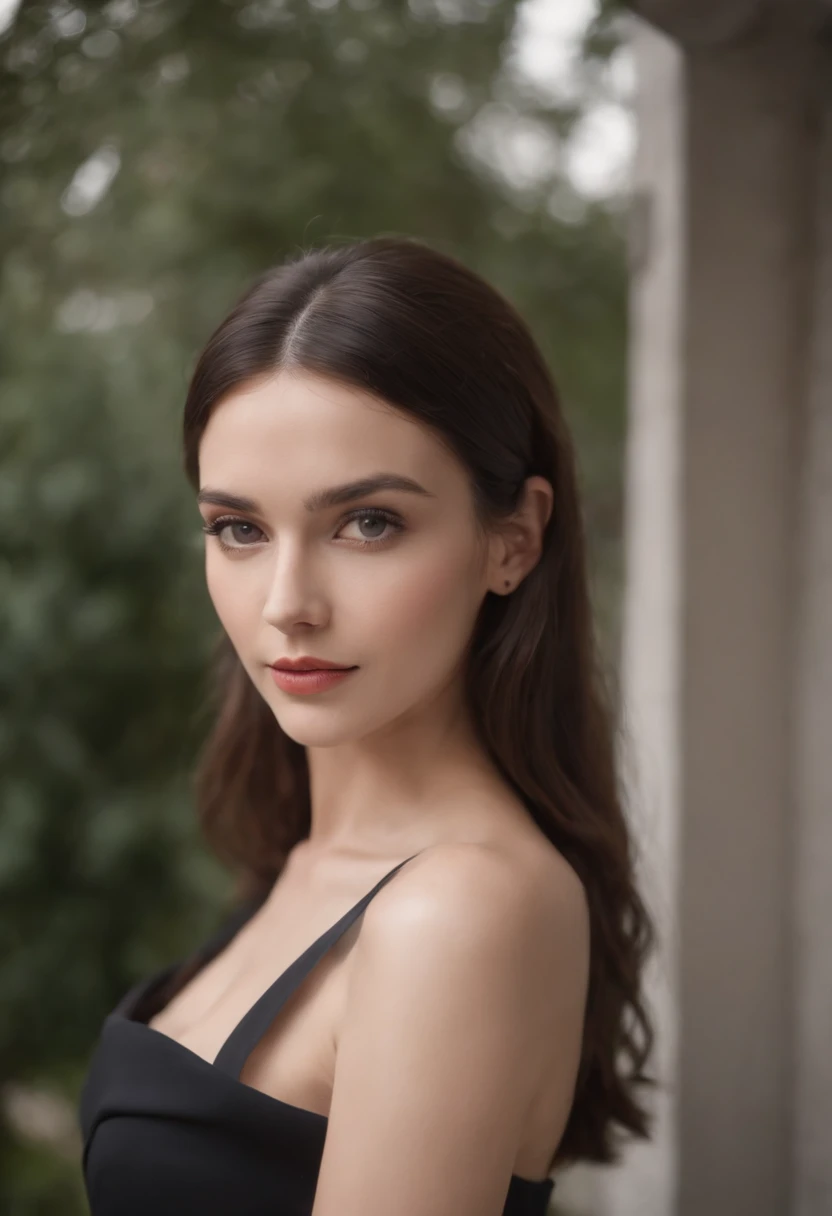 a beautiful woman in a black dress poses with one shoulder, in the style of 8k resolution, warmcore, goosepunk, focus on joints/connections, minimal retouching, handheld, candid, tall, classy, elegant, dark brown hair, straight slick long hair