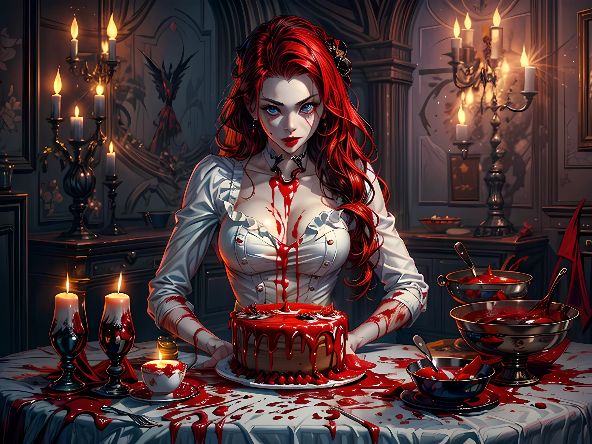 a picture of extremely (beautiful female vampire: 1.4) looking at (red MasterChef style cake: 1.5), an exquisite beautiful vampire, ultra feminine ultra detailed face, red hair, short hair, pale skin, red lips, blue eyes, wearing sexy white seductive latex dress, blood stains on the dress, looking at a red Bakeoff, award winning cake, 2 floors, decorated with red whipped cream, and artful stylish decorations, blood dripping from the cake, dark castle style kitchen background, dim candles light, dark fantasy art, gothic art,  dynamic angle, best details, best quality, 16K, [ultra detailed], masterpiece, best quality, (ultra detailed), full body, ultra wide shot, photorealistic, 2.5 rendering