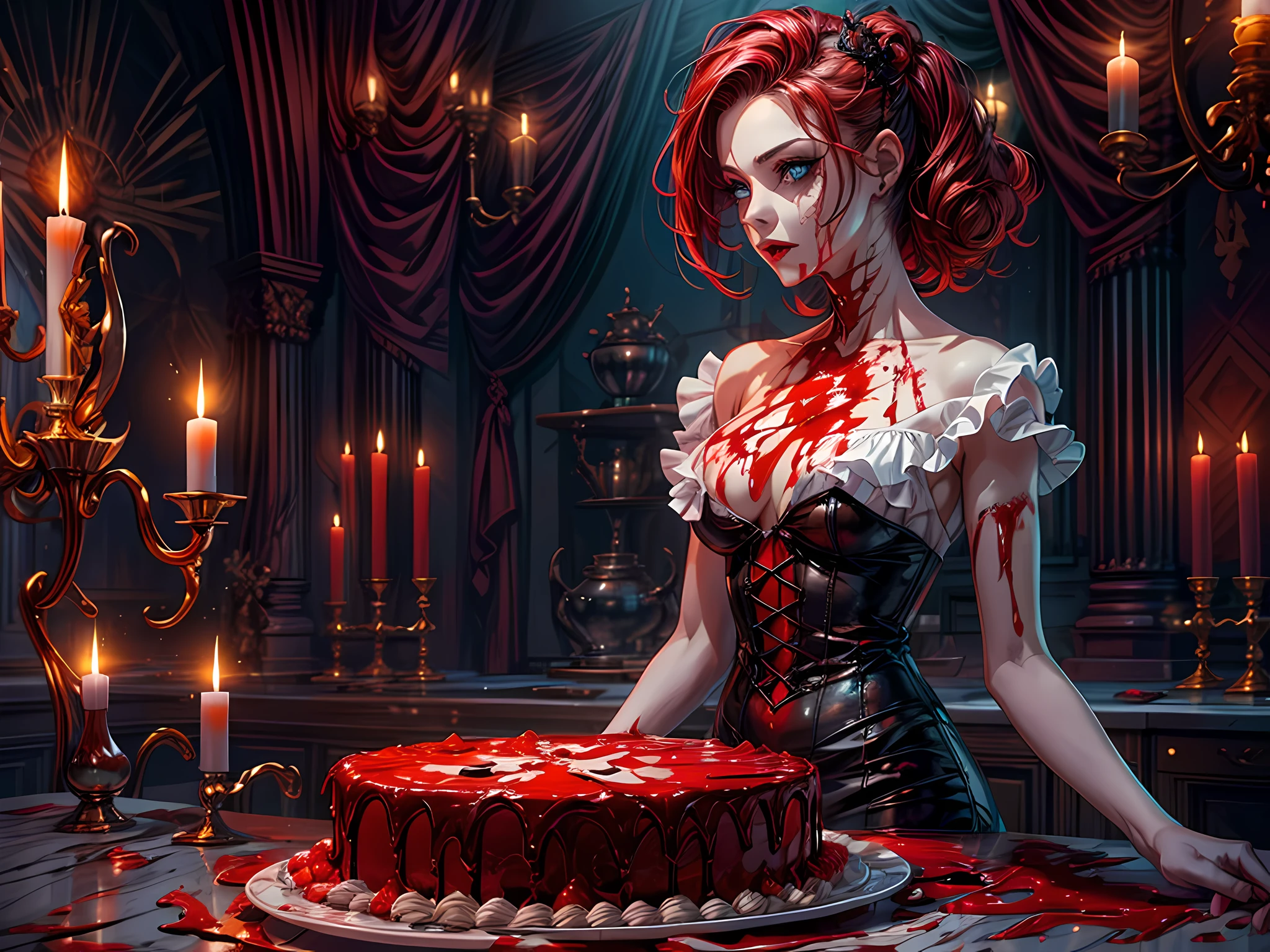 a picture of extremely (beautiful female vampire: 1.4) looking at (red MasterChef style cake: 1.5), an exquisite beautiful vampire, ultra feminine ultra detailed face, red hair, short hair, pale skin, red lips, blue eyes, wearing sexy white seductive latex dress, blood stains on the dress, looking at a red Bakeoff, award winning cake, 2 floors, decorated with red whipped cream, and artful stylish decorations, blood dripping from the cake, dark castle style kitchen background, dim candles light, dark fantasy art, gothic art,  dynamic angle, best details, best quality, 16K, [ultra detailed], masterpiece, best quality, (ultra detailed), full body, ultra wide shot, photorealistic, 2.5 rendering