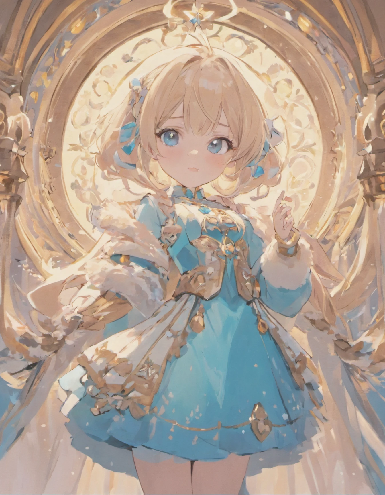 Costume themed: winter , pastel blue shades and colors , lots of accessories and details , lots of sliver accessories, elegant , glowing white eyes , pale skin , 1girl , solo , puffy lips , bird view , girl looking up