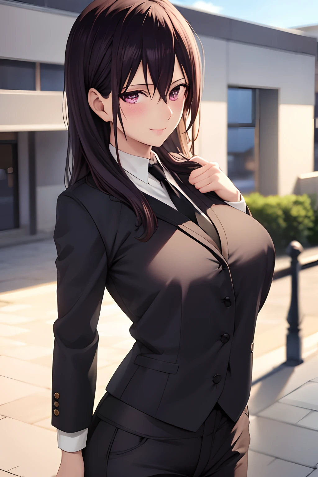 masterpiece, (best quality), 1woman,1girl ,aihara_mei, long hair, black hair, purple eyes , tailcoat butler, tight pants , necktie, shirt, medium breasts,,sexy woman, smile, blush, vibrant colors ,,natural lighting ,RTX, , beautiful, (detailed face:1.2), showcase, (perfect eyes:1.1) ,(photorealistic:1.1), 8k uhd, looking at viewer, outdoors, simple backround