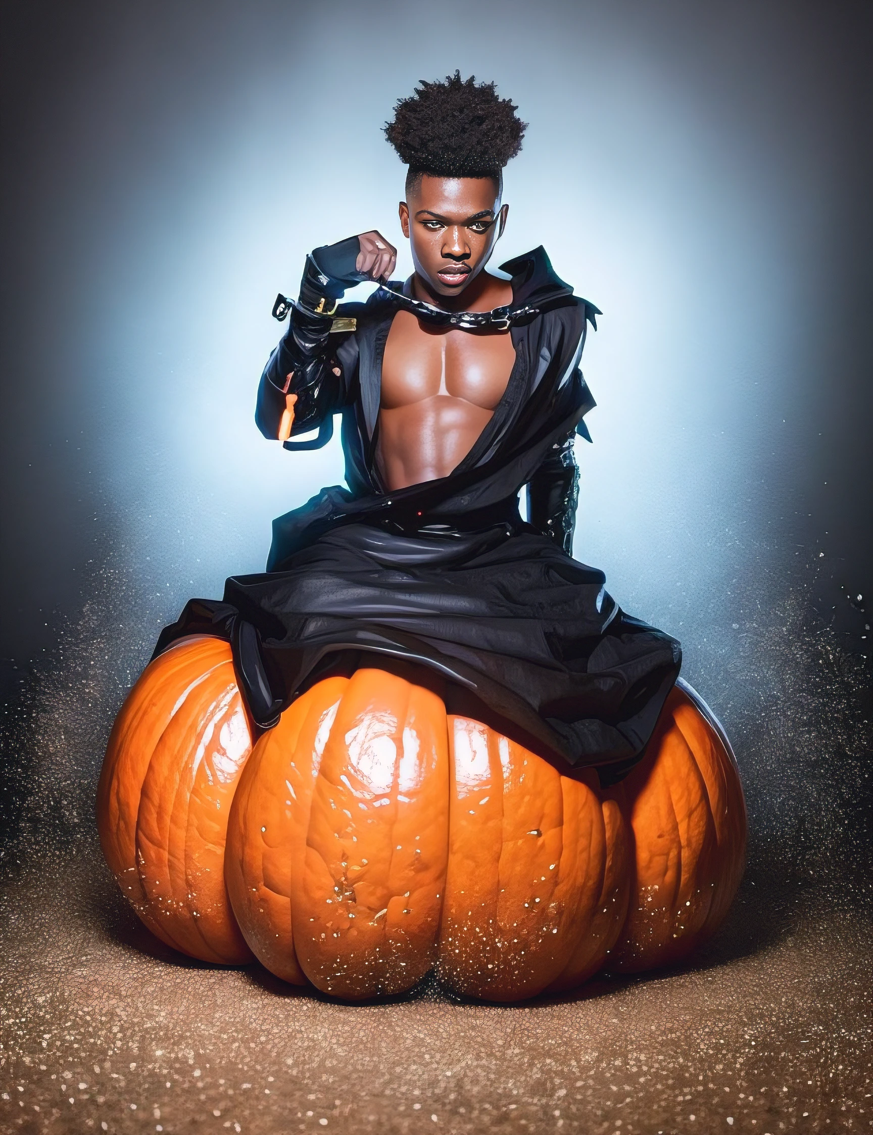 An award winning photography portrait of a halloween black male, pumpkins,  ultra defined big penis, masculine, ghosts in the background, cimitery , consumed fabric in the windfull body in motion, defined body, full body, stunning realistic, mist, raw photograph, defined body,maximalism, octane render, unreal, 8k, depth of field, bokeh, black ink, 8k, hyperreal, 50mm, kodak portra 400, photograph by Martin Schoeller, Natural Light, natural skin, real skin texture