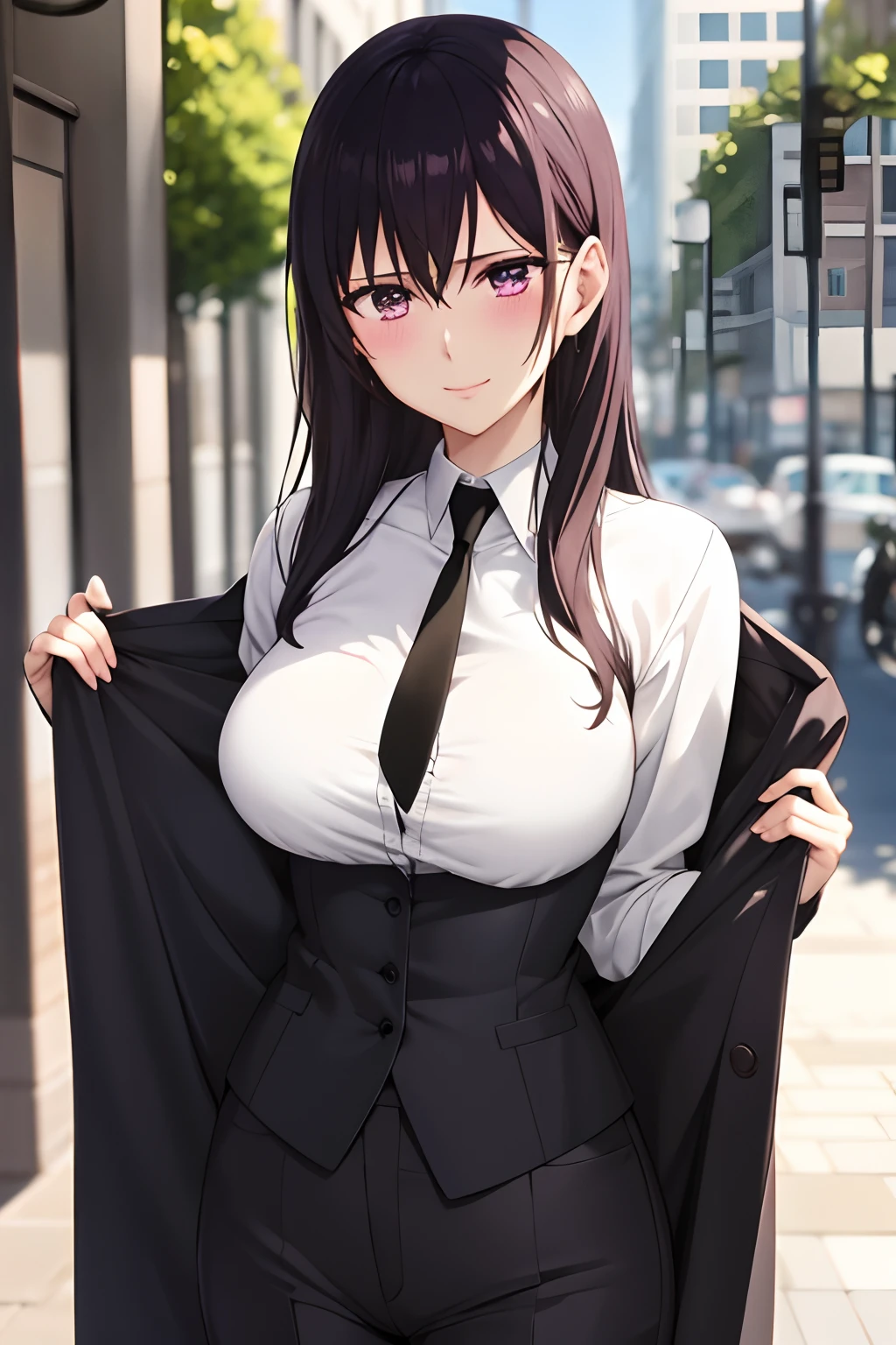 masterpiece, (best quality), 1woman,1girl ,aihara_mei,    long hair, black hair,   purple eyes , tailcoat butler, tight pants , necktie, shirt,    medium breasts,,sexy woman,  smile, blush, vibrant colors ,,natural lighting  ,RTX,  , beautiful, (detailed face:1.2), showcase, (perfect eyes:1.1) ,(photorealistic:1.1), 8k uhd,  looking at viewer,  outdoors,  simple backround