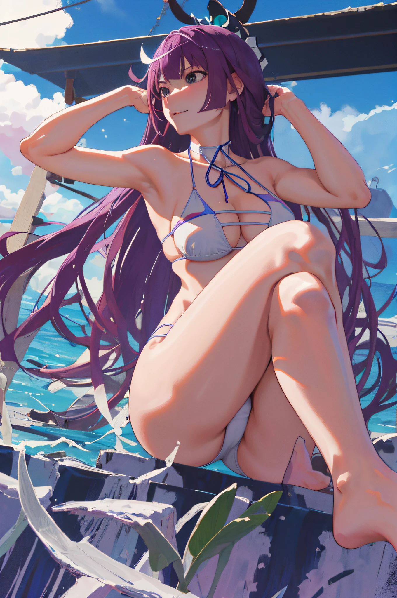 Obra maestra, La mejor calidad, Altas Resoluciones, sh1, Senjougahara Hitagi, Cabello largo, mangas largas, atar,((( high neck swimsuit))),muslos , Disparo de vaquero, Brazos cruzados,