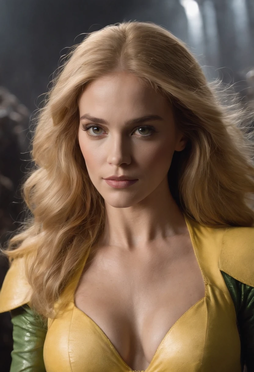 um close up de uma mulher em um traje verde e amarelo, arte da capa dos quadrinhos de heavy metal, barbarella, cinza thorp, Arte Oficial, panoramic widescreen view, Megadeth, matte staining, Anos 1970, sindicato(2012), psiônico, nebula, Directed by: Juan Gimenez, 1 9 7 0 s