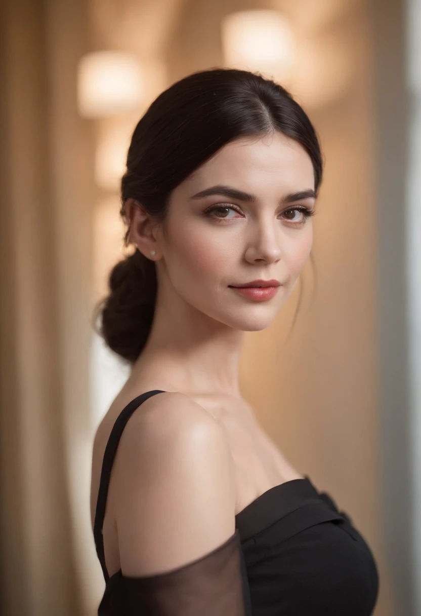 a beautiful woman in a black dress poses with one shoulder, in the style of 8k resolution, warmcore, goosepunk, focus on joints/connections, minimal retouching, handheld, candid, black hair, classy, elegant, long hair, on red carpet, hyper realistic, very real looking, covering shoulders dress
