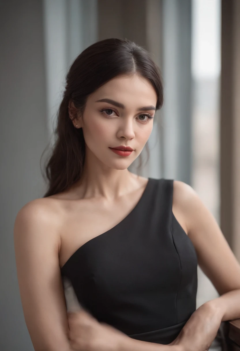 a beautiful woman in a black dress poses with one shoulder, in the style of 8k resolution, warmcore, goosepunk, focus on joints/connections, minimal retouching, handheld, candid, black hair, classy, elegant, long hair, on red carpet, hyper realistic, very real looking, covering shoulders dress