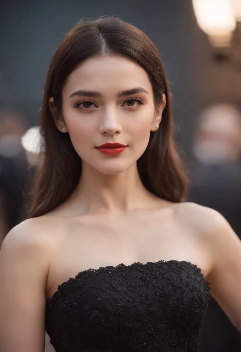 a beautiful woman in a black dress poses with one shoulder, in the style of 8k resolution, warmcore, goosepunk, focus on joints/connections, minimal retouching, handheld, candid, black hair, classy, elegant, long hair, on red carpet, hyper realistic, very real looking, covering shoulders dress, full body shot