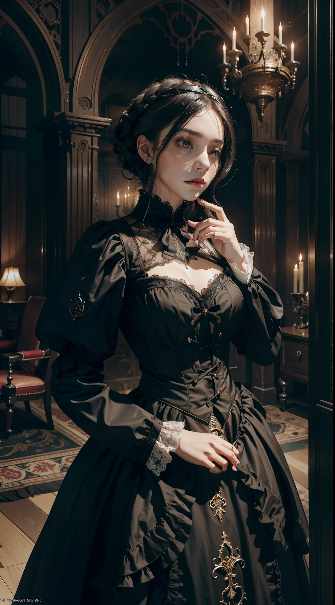 Official Art, Unity 8k wallpaper, ultra-detailed, beautiful, beautiful, masterpiece, best quality, dark, atmospheric, mystical, romantic, creepy, literature, art, fashion, steampunk dress, victorian age, London, decoration, intricate, ironwork, lace, contemplation, emotional depth, supernatural, 1 girl, solo, hip