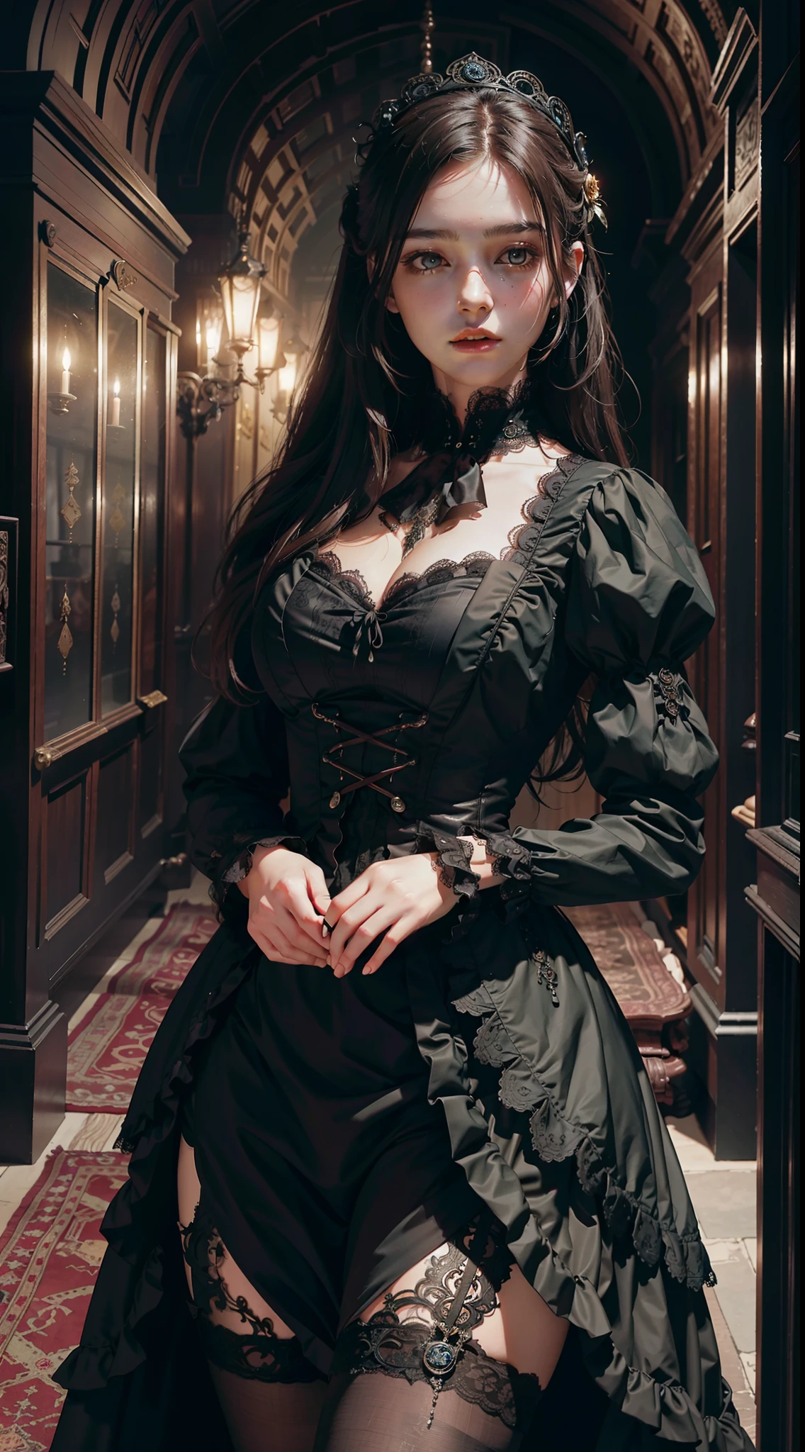 Official Art, Unity 8k wallpaper, ultra-detailed, beautiful, beautiful, masterpiece, best quality, dark, atmospheric, mystical, romantic, creepy, literature, art, fashion, steampunk dress, victorian age, London, decoration, intricate, ironwork, lace, contemplation, emotional depth, supernatural, 1 girl, solo, hip