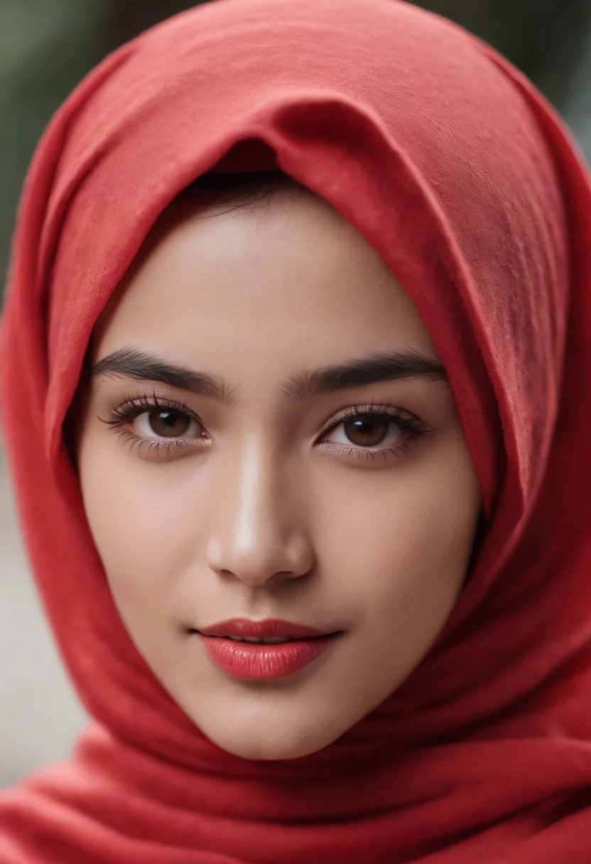 Photo portrait of a beautiful Bandung girl wearing a hijab and dimples, around , (plain red hijab), (portrait medium shot:1.3), dramatic light, Rembrandt lighting scheme, (hyperrealism:1.2), (8K UHD: 1.2), ( photorealistic:1.2), shot with Canon EOS 5D Mark IV, facial detail, skin texture detail. standing in street