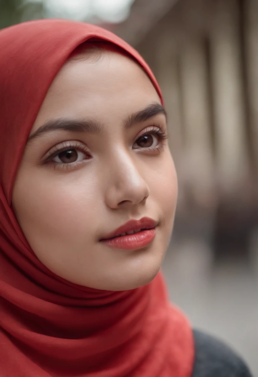 Photo portrait of a beautiful Bandung girl wearing a hijab and dimples, around , (plain red hijab), (portrait medium shot:1.3), dramatic light, Rembrandt lighting scheme, (hyperrealism:1.2), (8K UHD: 1.2), ( photorealistic:1.2), shot with Canon EOS 5D Mark IV, facial detail, skin texture detail. standing in street