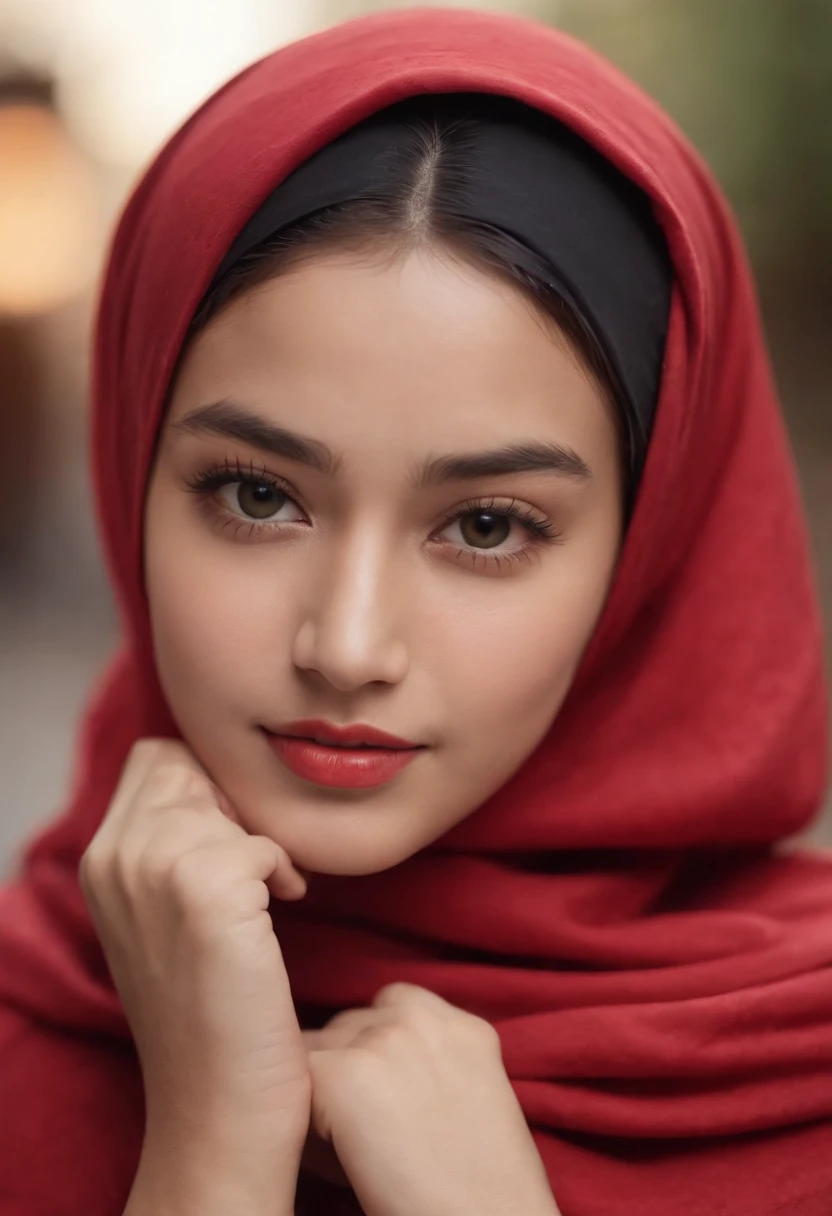 Photo portrait of a beautiful Bandung girl wearing a hijab and dimples, around 17 years old, (plain red hijab), (portrait medium shot:1.3), dramatic light, Rembrandt lighting scheme, (hyperrealism:1.2), (8K UHD: 1.2), ( photorealistic:1.2), shot with Canon EOS 5D Mark IV, facial detail, skin texture detail. standing in street