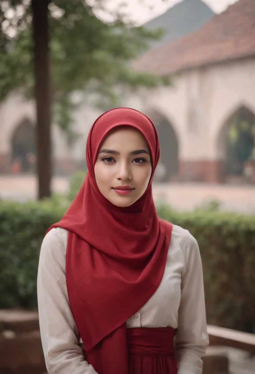 Photo portrait of a beautiful Bandung girl wearing a hijab and dimples, around 17 years old, (plain red hijab), (portrait medium shot:1.3), dramatic light, Rembrandt lighting scheme, (hyperrealism:1.2), (8K UHD: 1.2), ( photorealistic:1.2), shot with Canon EOS 5D Mark IV, facial detail, skin texture detail. standing in street