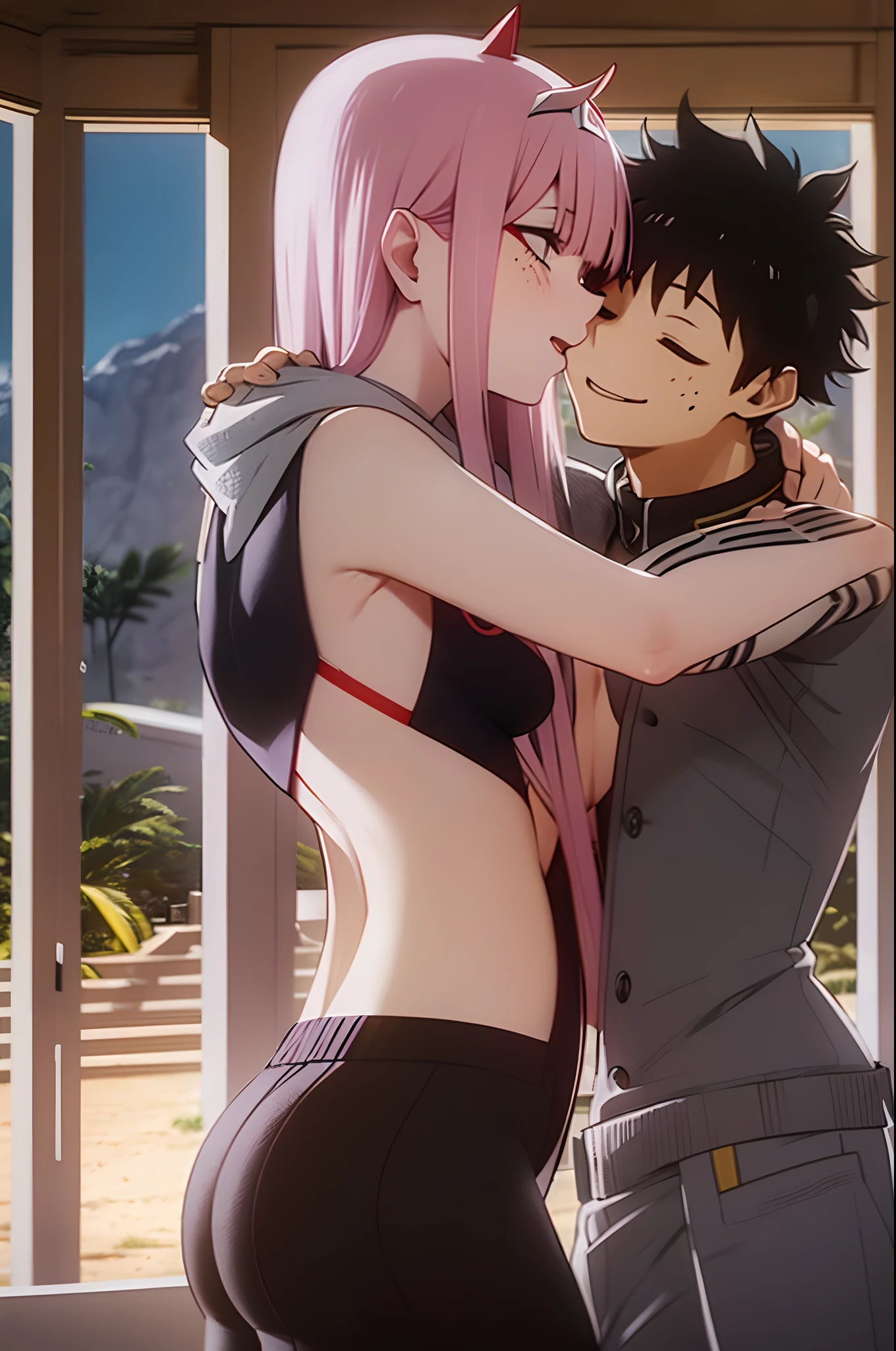 zero two, 1girl, zero two naked_shirt,vest_print:, izuku from bnha, izuku and zero two being a lovey dovey couple very affective in a beach, izuku with pants and pullover, love , happy, ,1girl,, ,sitting, standing, french kiss, kissing, 1boy, couple, husband and wife, happy, hug, pregnant zero two, chair, zero two pregnant
