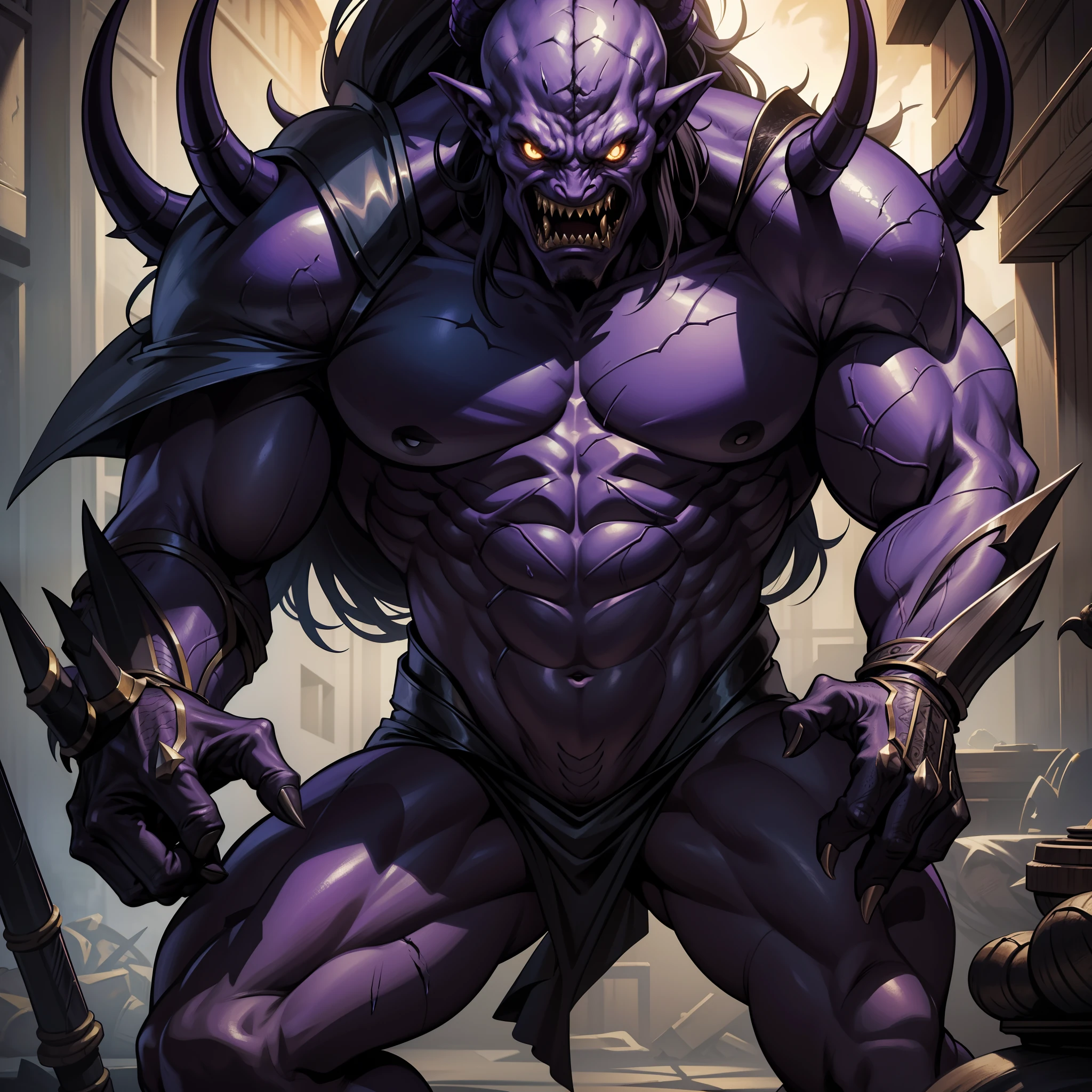 One, good looking, 1 person, Sporty body, V-shaped body, Detailed armor in black with purple glittering details, black demon horns, Long Hair, Black Hair, Reddish purple color of reptile eyes, Purple thread, Black light,Muscular boy,Huge penis,Huge muscles,Being raped,Orgy,Devil&#39;s Wings,Evil Eye,A deep kiss,Saliva exchange,Young boy,3boys,Being squeezed in a crowd