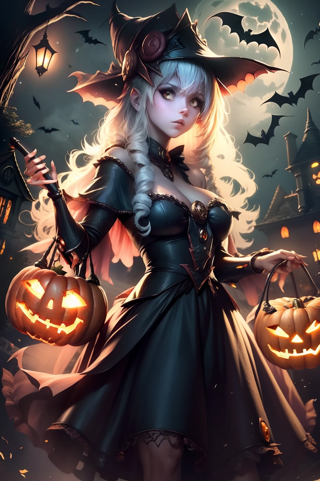 "Tema de Halloween, spooky atmosphere, Creepy lighting, Casa embrujada, Jack-o'-linternas, Disfraces espeluznantes, Bats flying, Luna llena en el cielo, Truco o trato, Figuras fantasmales, Sombras misteriosas, Cerveza de bruja, Parche de calabaza, sweet corn, gatos negros."