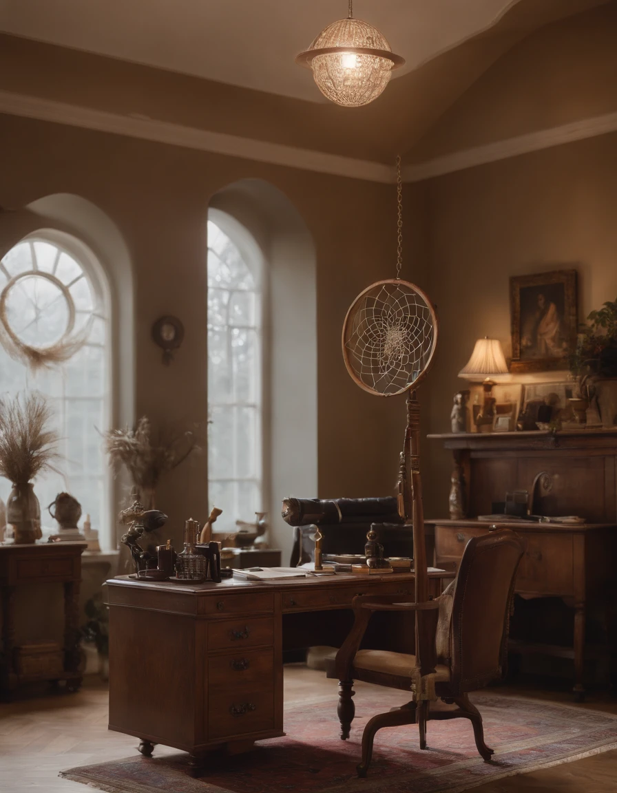 Create a hyper-realistic visualization of a psychologist's office, adorned with dream-related artifacts, symbols, and dreamcatchers. The room should exude warmth and an aura of exploration into the mysteries of the human psyche.