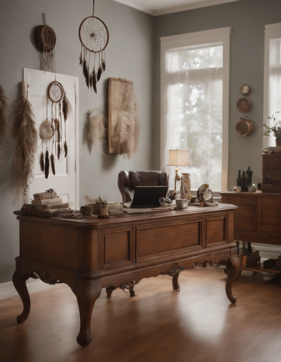 Create a hyper-realistic visualization of a psychologist's office, adorned with dream-related artifacts, symbols, and dreamcatchers. The room should exude warmth and an aura of exploration into the mysteries of the human psyche.